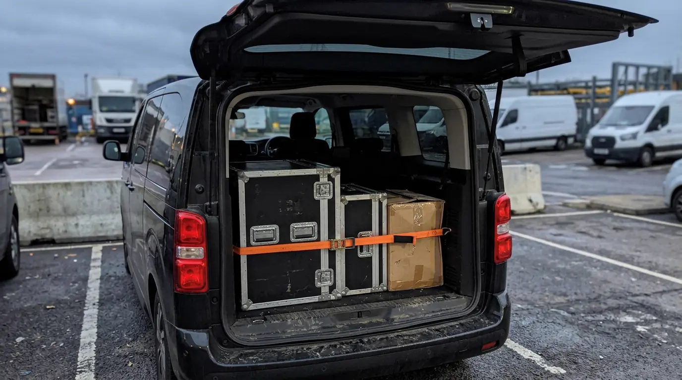 Coffre du van ouvert sur un parking, flight-cases et carton calés et maintenus par une sangle à cliquet
