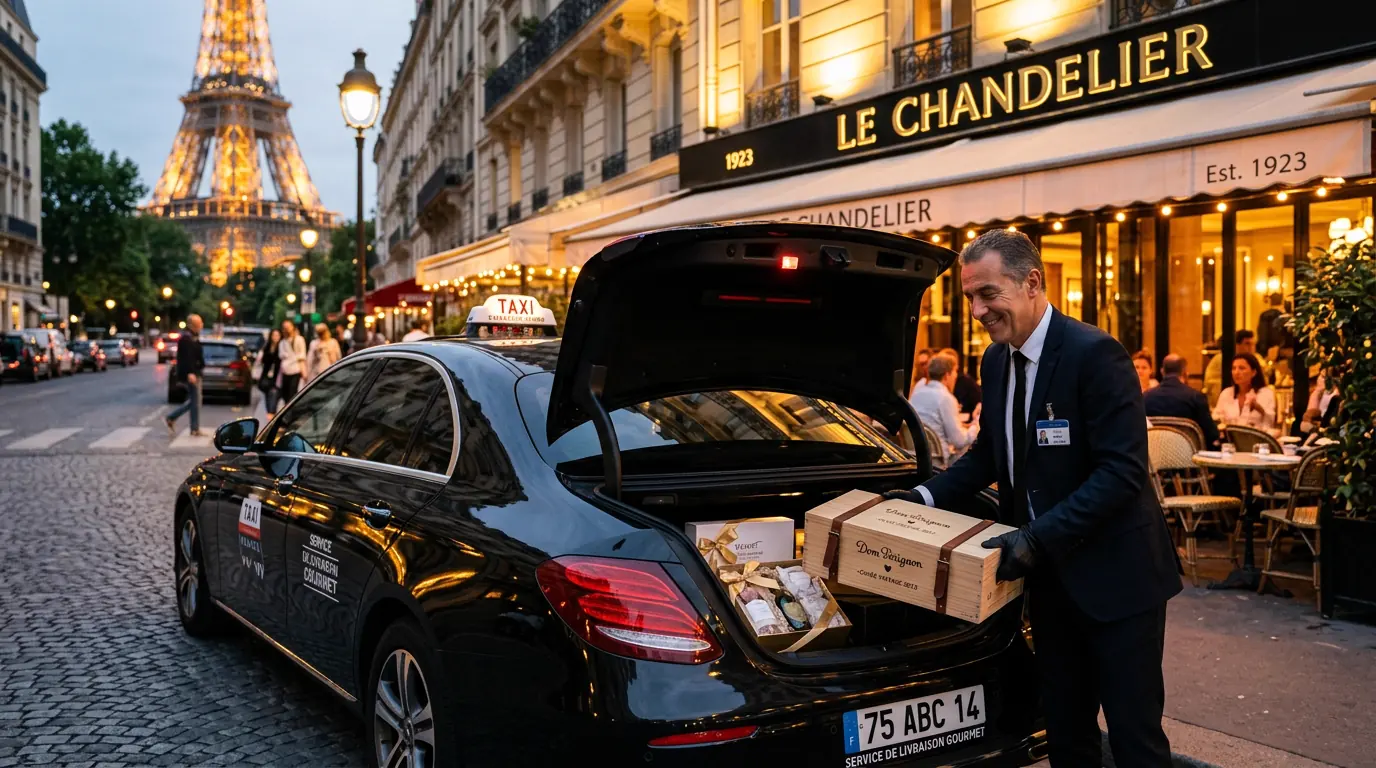 Produits d'épicerie fine et grands crus transportés en véhicule dédié vers un restaurant étoilé