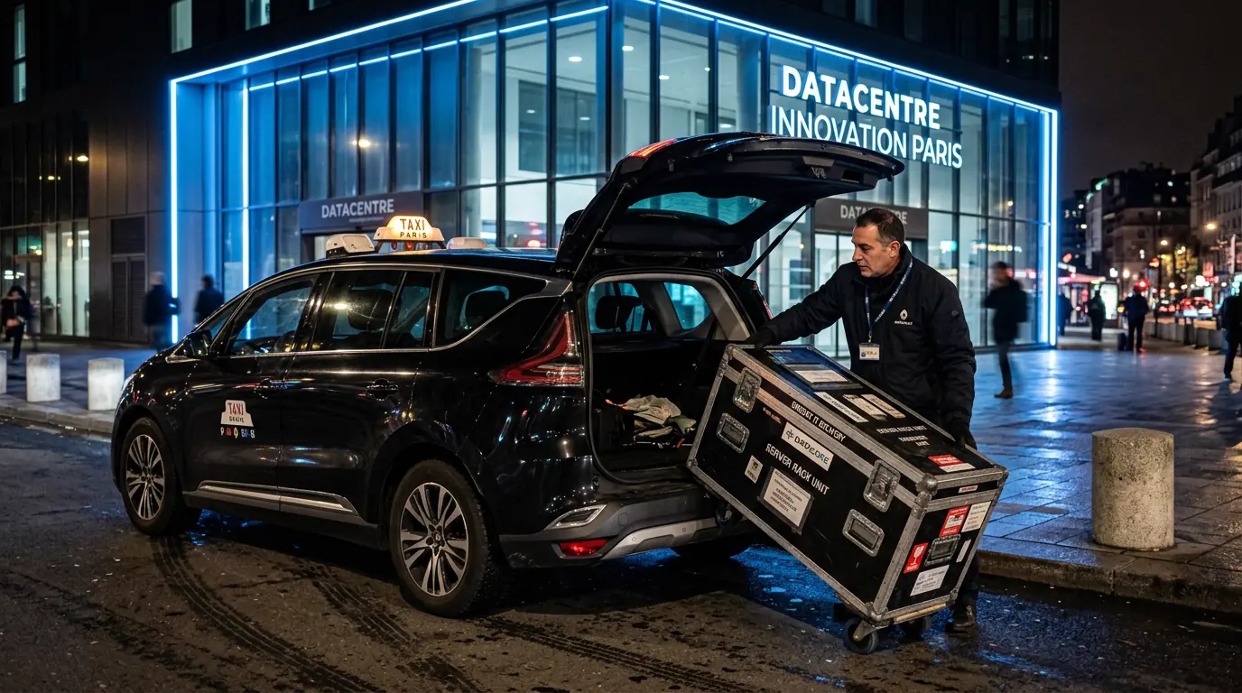 Matériel serveur transporté en véhicule dédié vers un data center européen