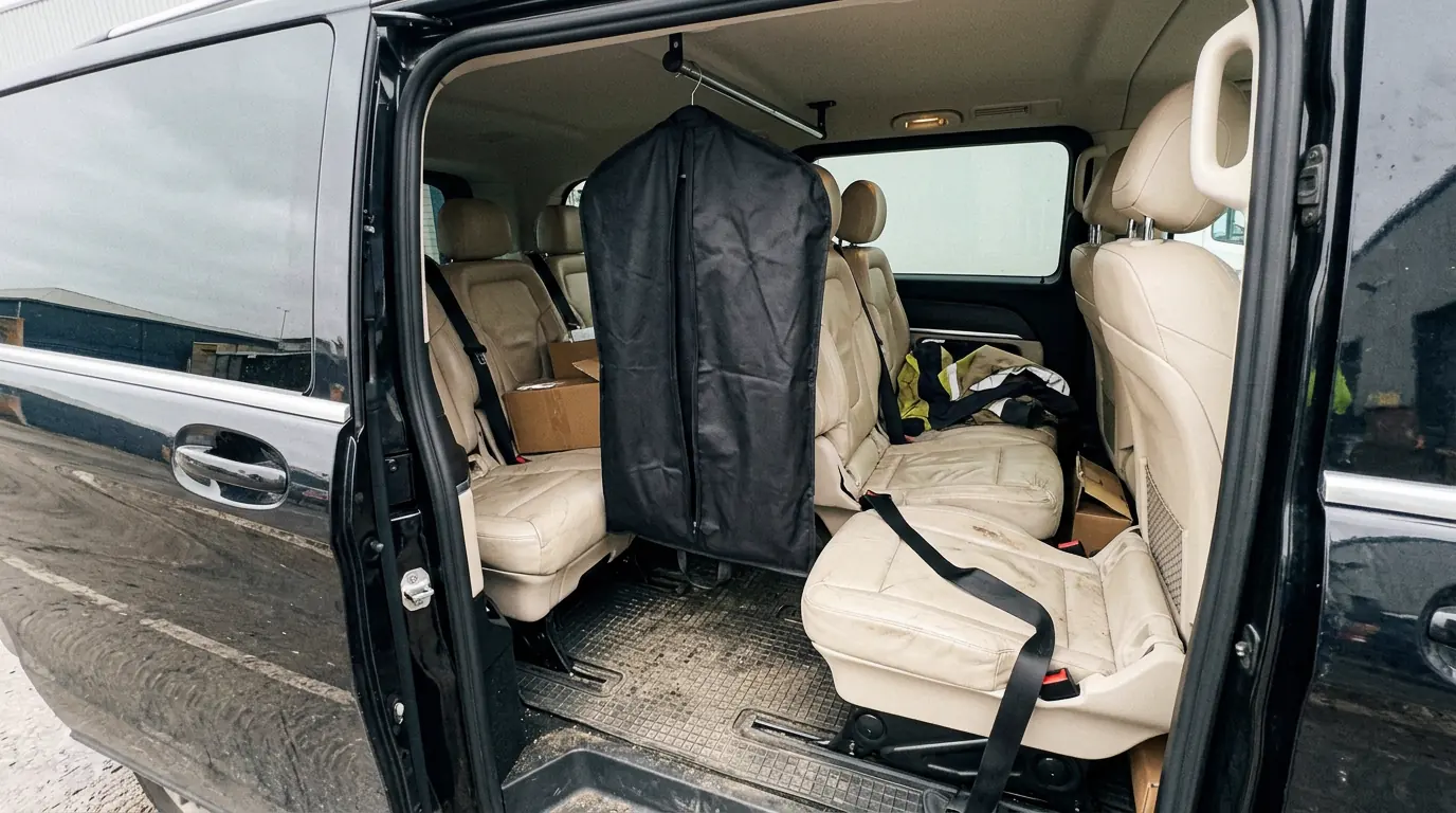 Housse à vêtement suspendue à la barre de penderie à l'intérieur du van, portière latérale ouverte