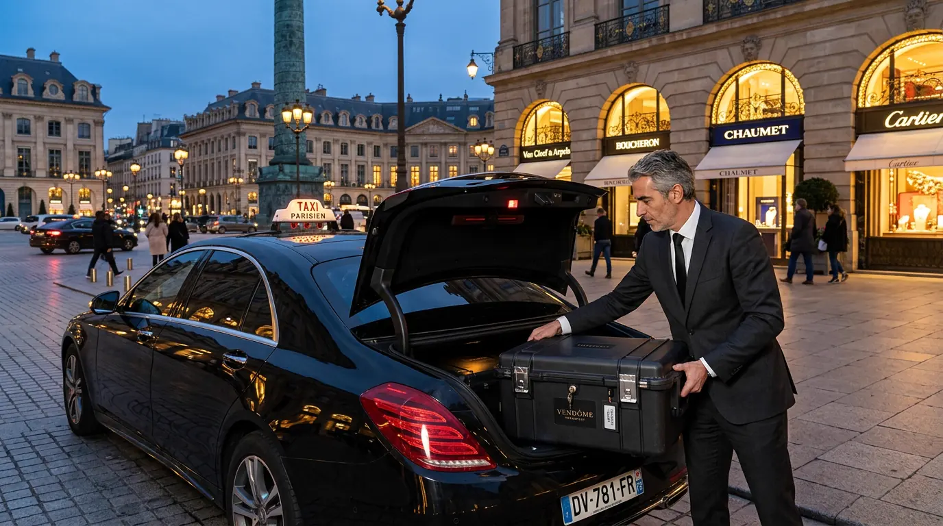 Écrin de haute joaillerie transporté discrètement en véhicule dédié entre Paris et Genève