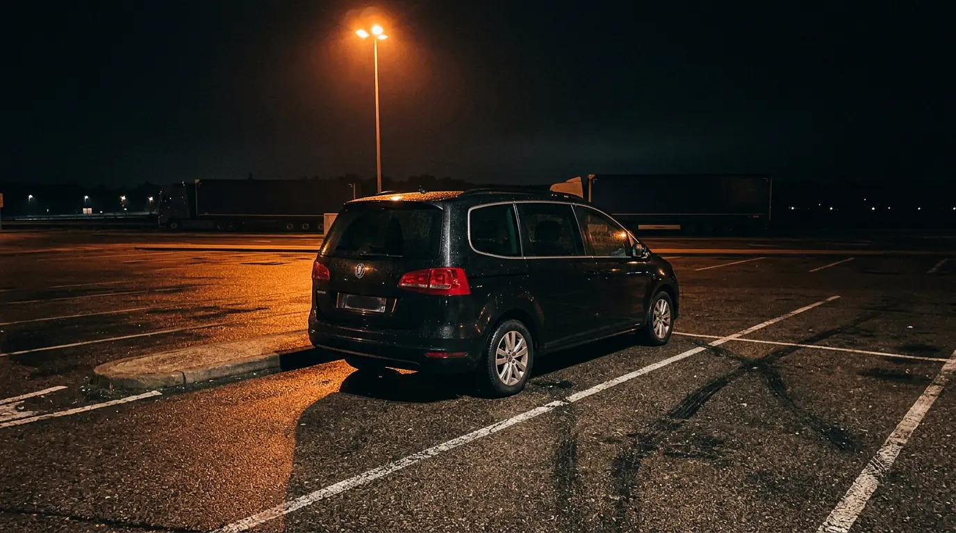 Van à l'arrêt sur une aire d'autoroute déserte en pleine nuit, sol mouillé sous les lampadaires